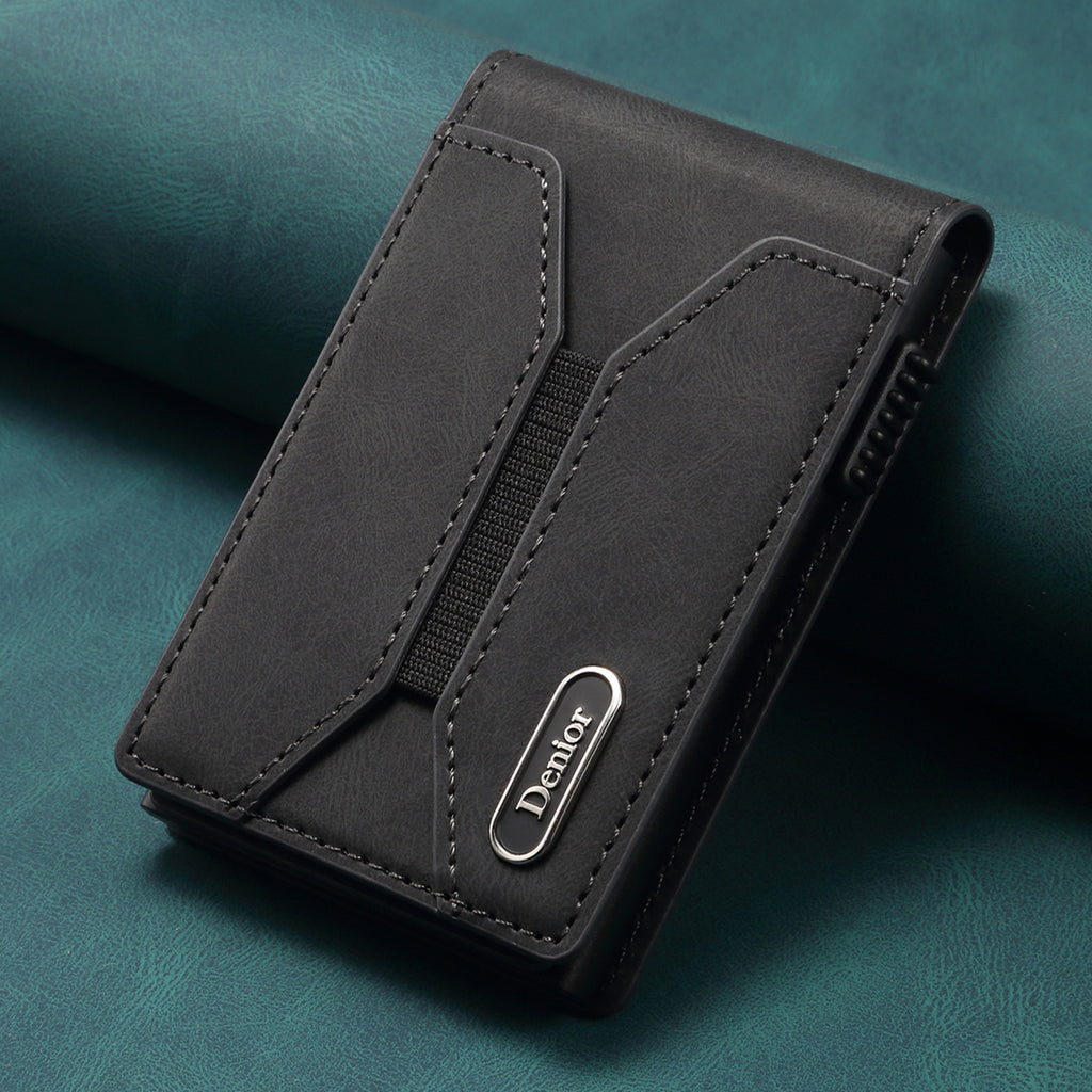 Smooth Leather Button-operated Automatic Pop-up Card Case With Elastic Band Wallet