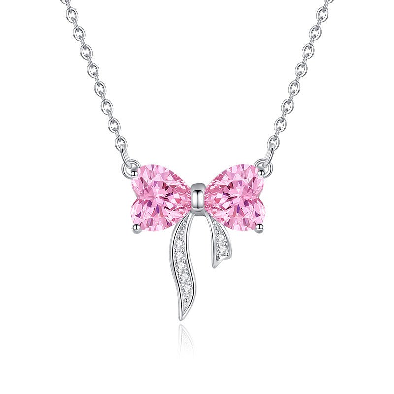 Bow-Knot Womens S925 Sterling Silver Light-Luxury Diamond-Encrusted Heart Necklace