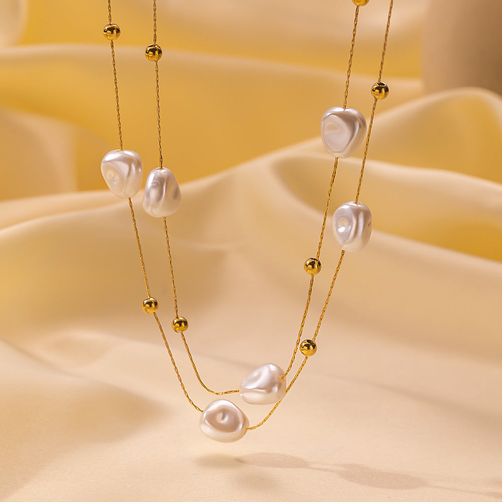 Niche Design Double-Layer Pearl Clavicle Vintage French-Style Artificial Pearl Titanium Steel Necklace