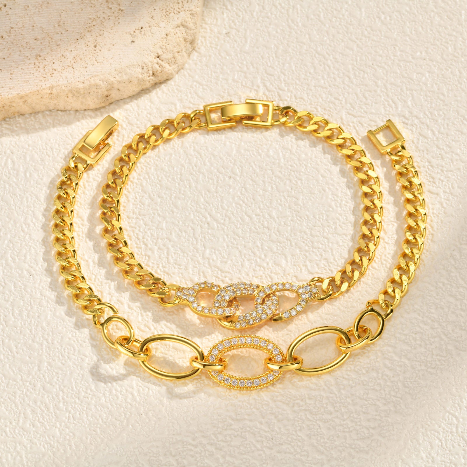 Zircon Micro-pave Copper Oval Ring Bracelet In Gold Color