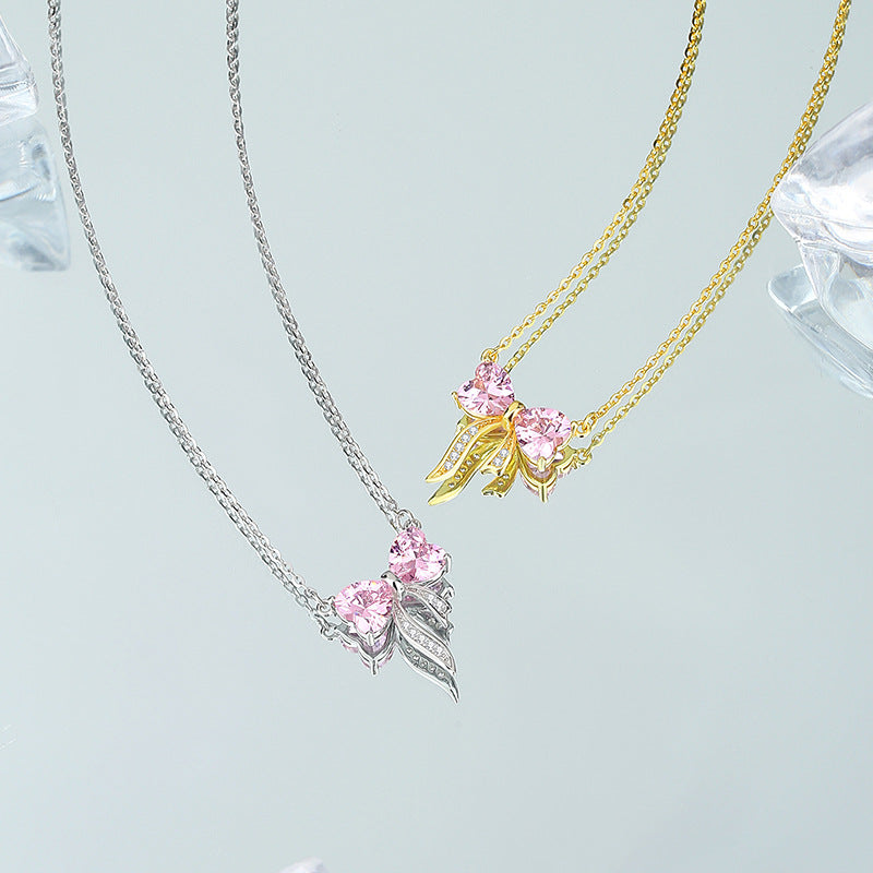 Bow-Knot Womens S925 Sterling Silver Light-Luxury Diamond-Encrusted Heart Necklace