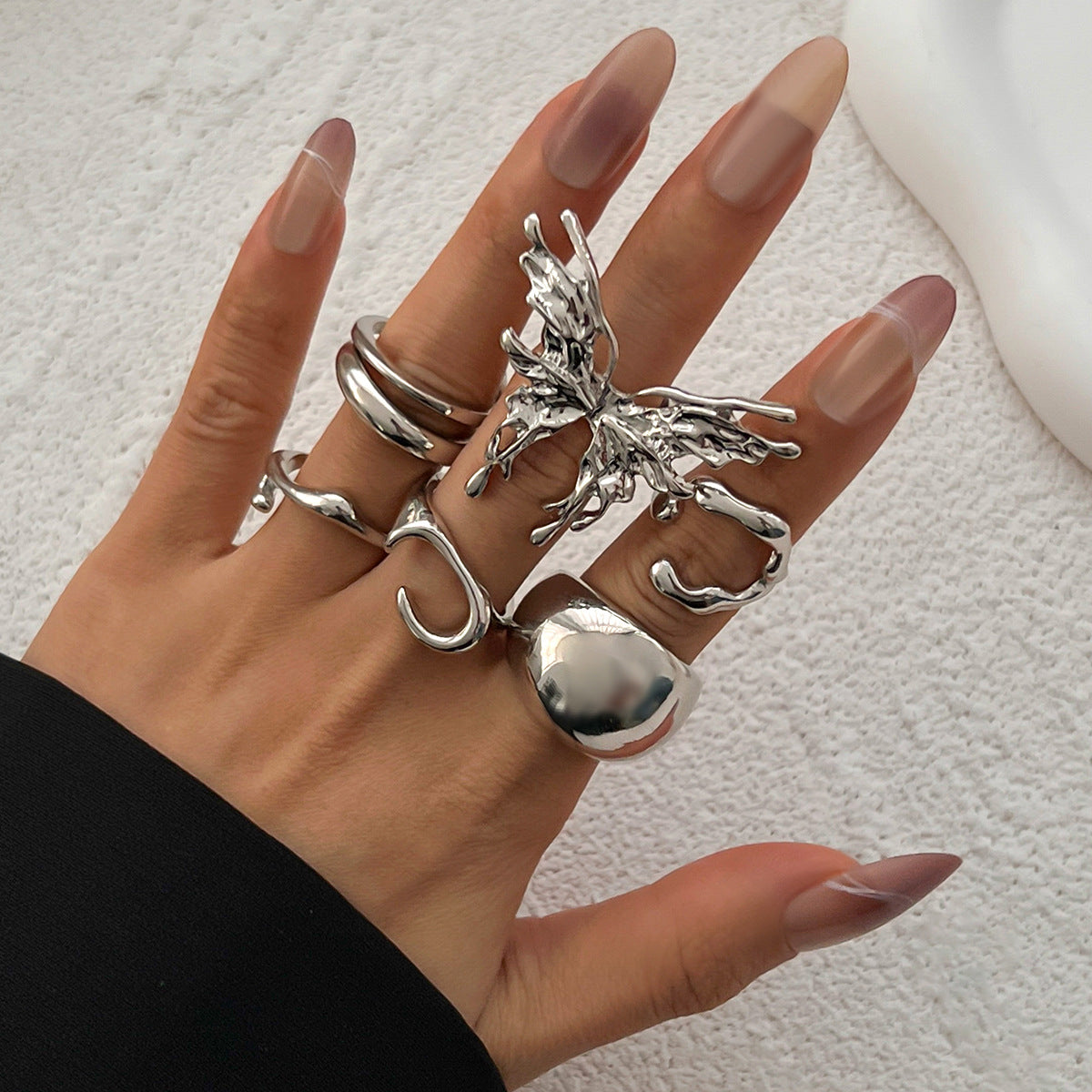 Womens Metal Smooth Butterfly Ring Set