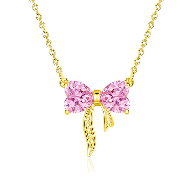 Bow-Knot Womens S925 Sterling Silver Light-Luxury Diamond-Encrusted Heart Necklace