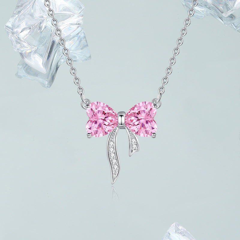 Bow-Knot Womens S925 Sterling Silver Light-Luxury Diamond-Encrusted Heart Necklace