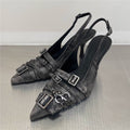Womens Retro Pointed-Toe Ankle-Strap High Heel Sandals