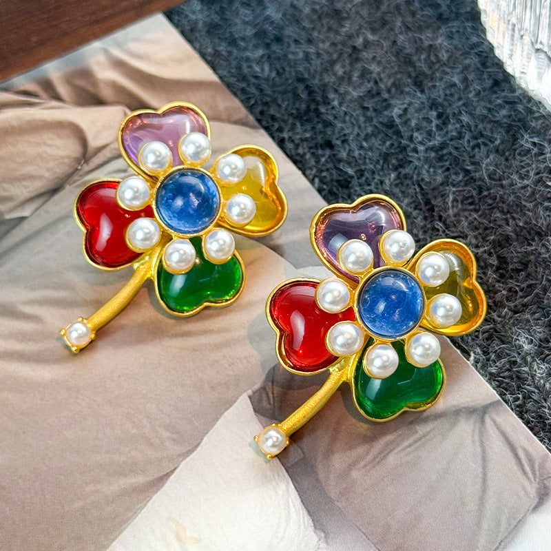 Retro Colorful Gemstone Court-Style Earrings
