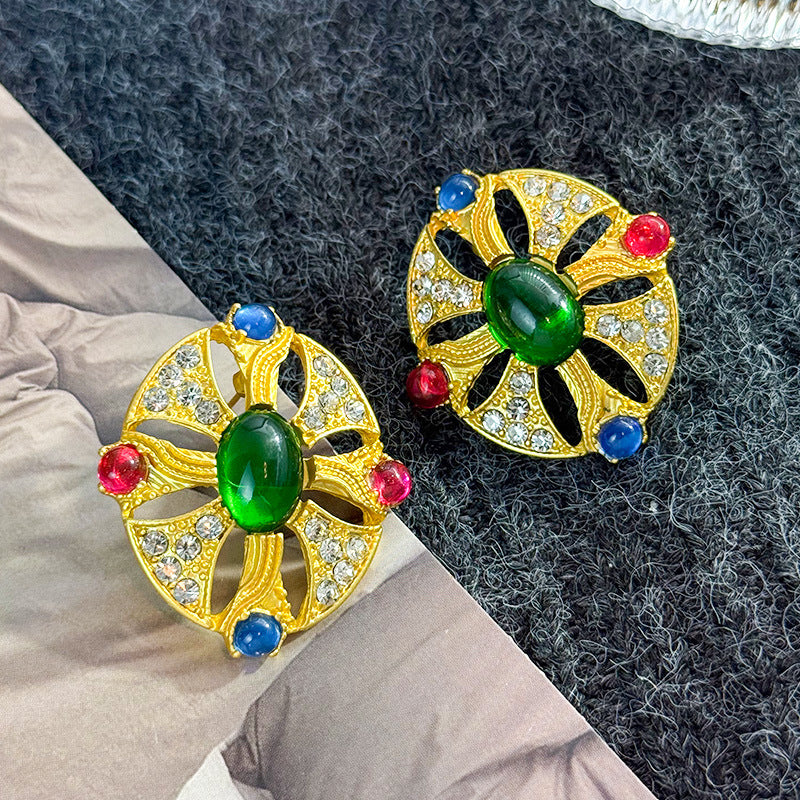 Retro Colorful Gemstone Court-Style Earrings