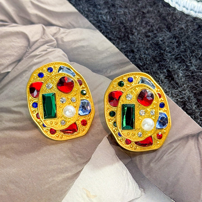 Retro Colorful Gemstone Court-Style Earrings