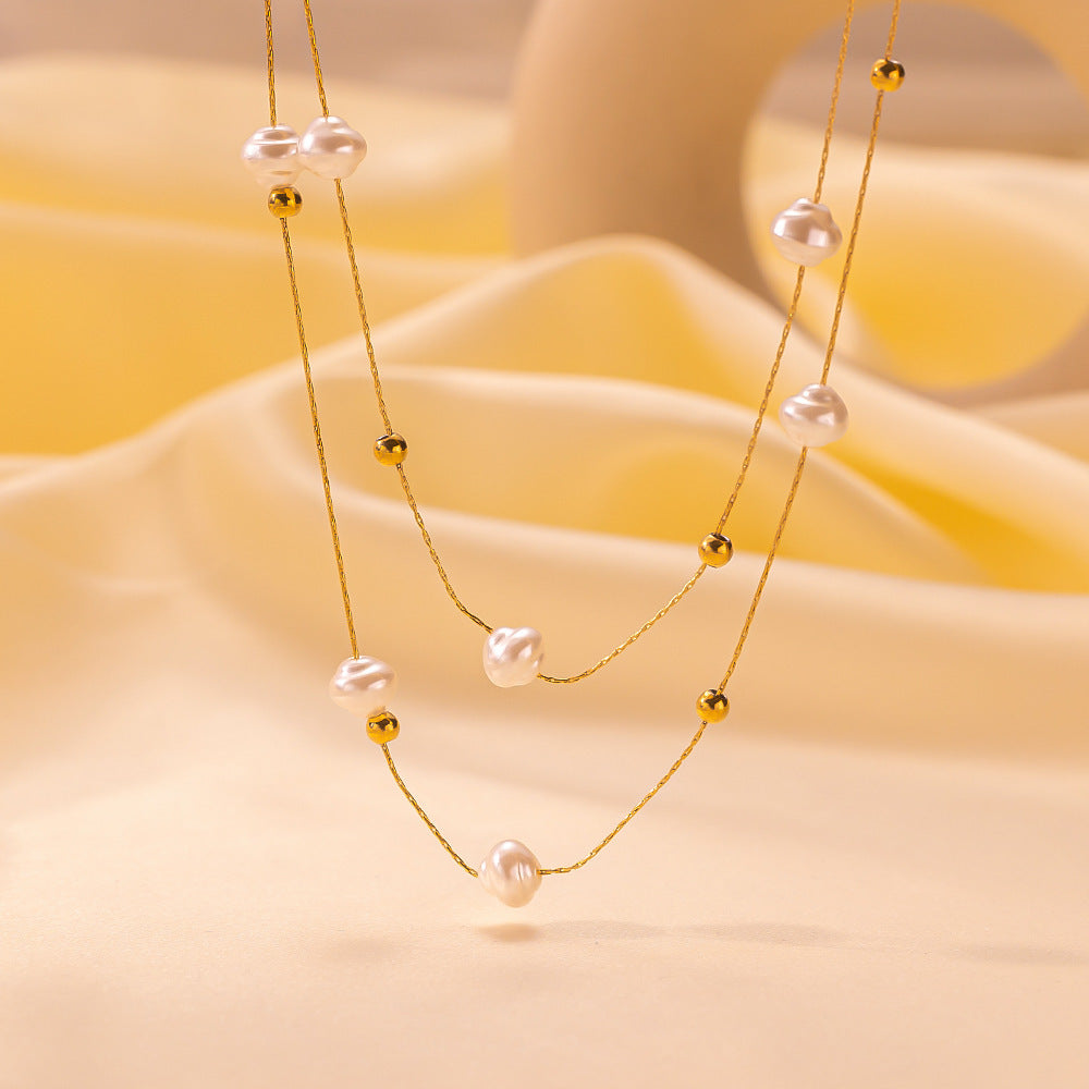Niche Design Double-Layer Pearl Clavicle Vintage French-Style Artificial Pearl Titanium Steel Necklace