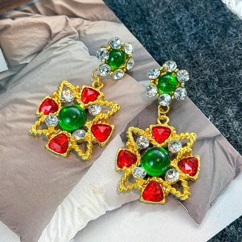 Retro Colorful Gemstone Court-Style Earrings