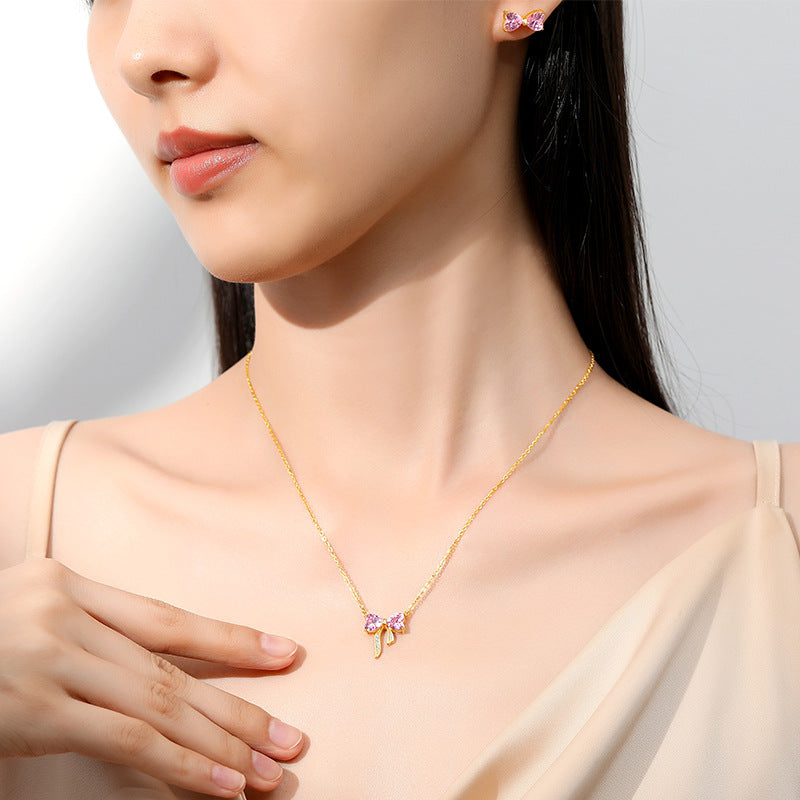 Bow-Knot Womens S925 Sterling Silver Light-Luxury Diamond-Encrusted Heart Necklace