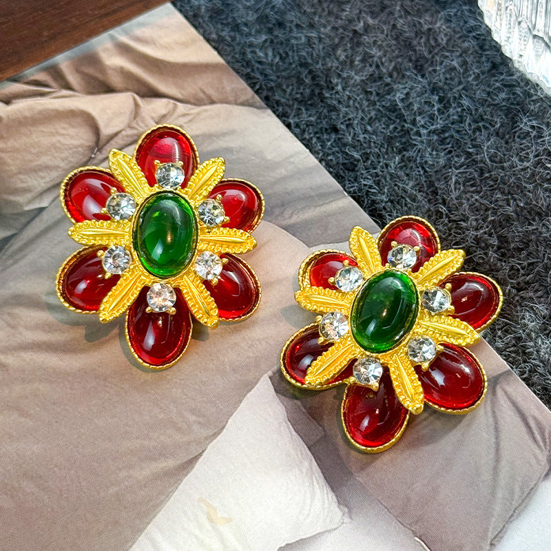 Retro Colorful Gemstone Court-Style Earrings