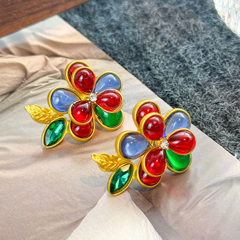 Retro Colorful Gemstone Court-Style Earrings