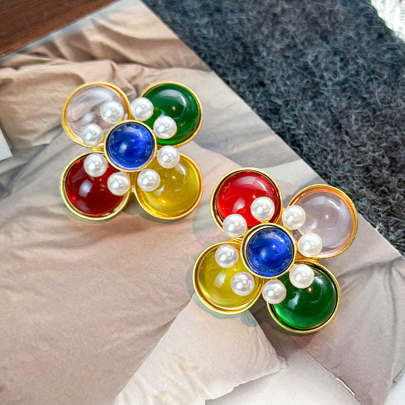 Retro Colorful Gemstone Court-Style Earrings