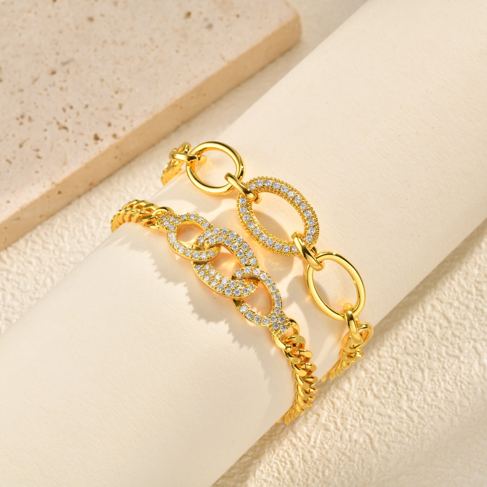 Zircon Micro-pave Copper Oval Ring Bracelet In Gold Color