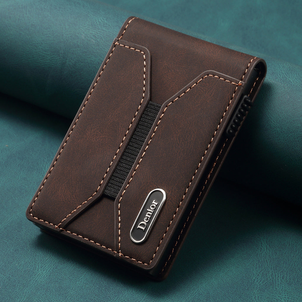 Smooth Leather Button-operated Automatic Pop-up Card Case With Elastic Band Wallet