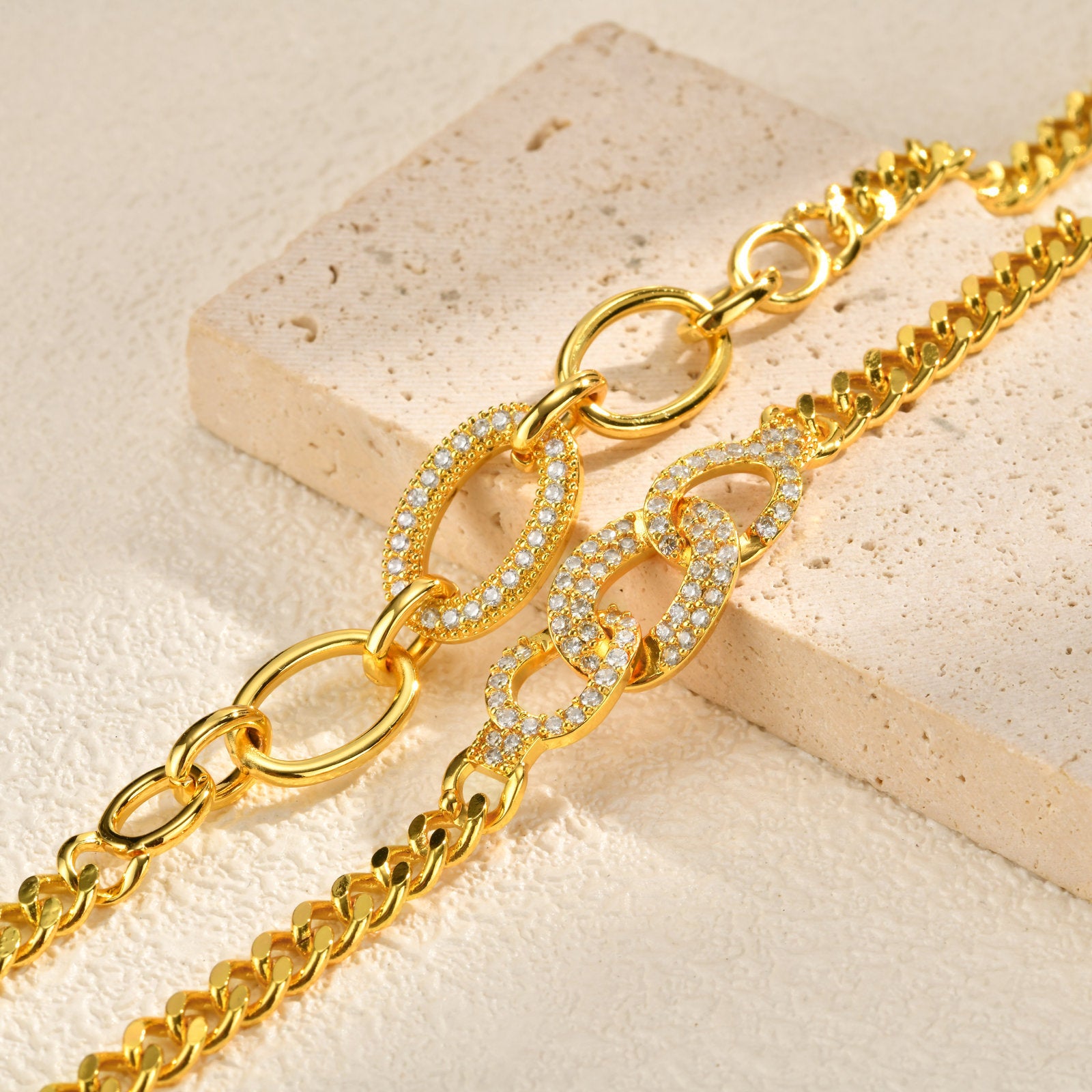 Zircon Micro-pave Copper Oval Ring Bracelet In Gold Color