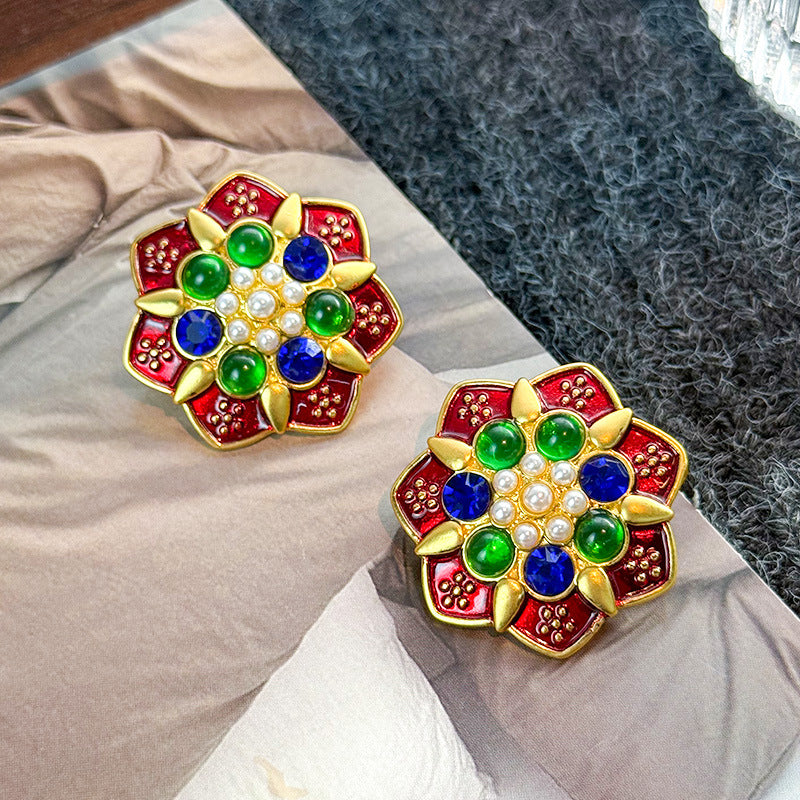 Retro Colorful Gemstone Court-Style Earrings