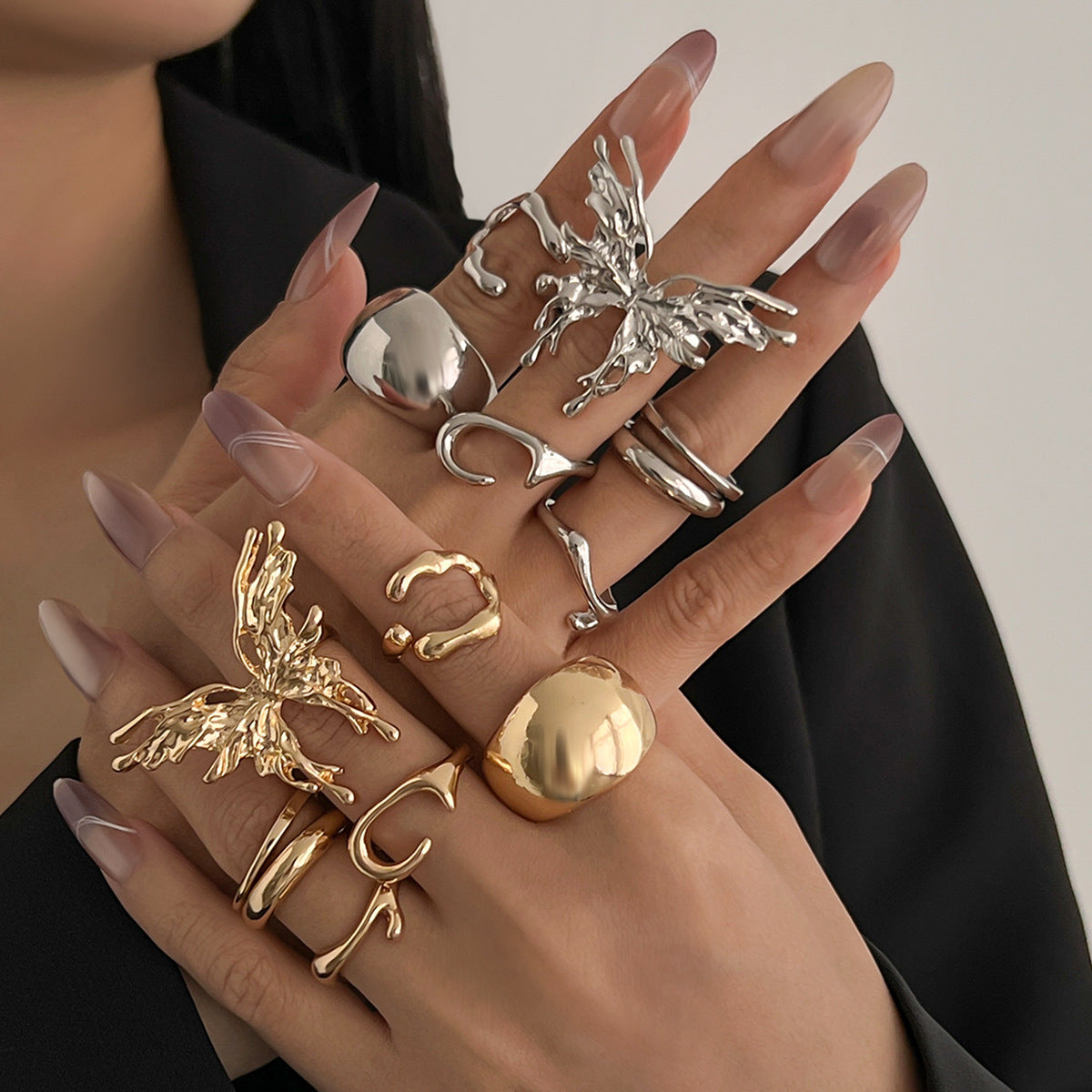 Womens Metal Smooth Butterfly Ring Set